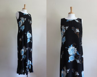 Vintage Carol Anderson 1990s Black & Blue Floral Crepe Dress