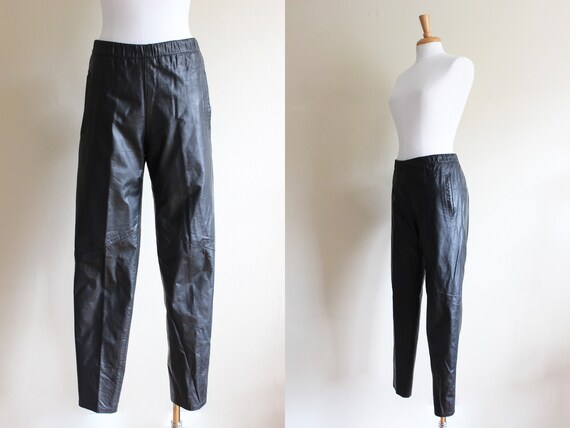 Vintage 1980s Slim Leg Black Leather Pants - image 1