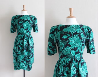 Vintage 1980s Green & Black Floral Silk Dress