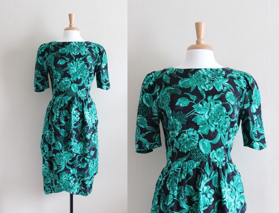 Vintage 1980s Green & Black Floral Silk Dress