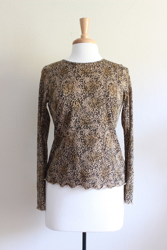 Vintage 1990s Leopard Print Stretch Mesh Long Sle… - image 2