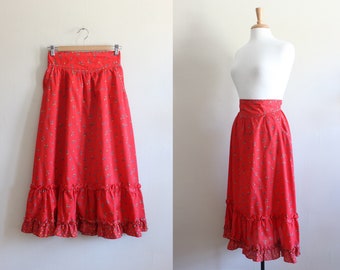 Vintage 1970s Red Calico High Waist Midi Skirt