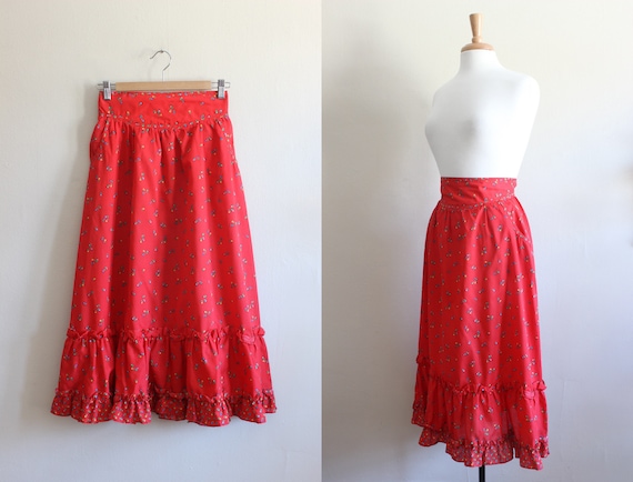 Vintage 1970s Red Calico High Waist Midi Skirt