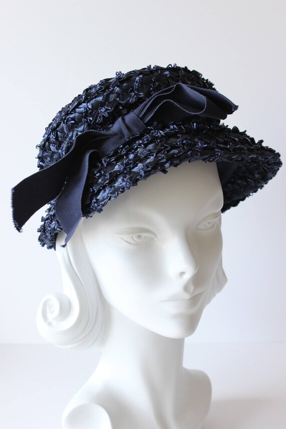 Vintage 1960s Navy Blue Woven Cello Straw Hat - image 6