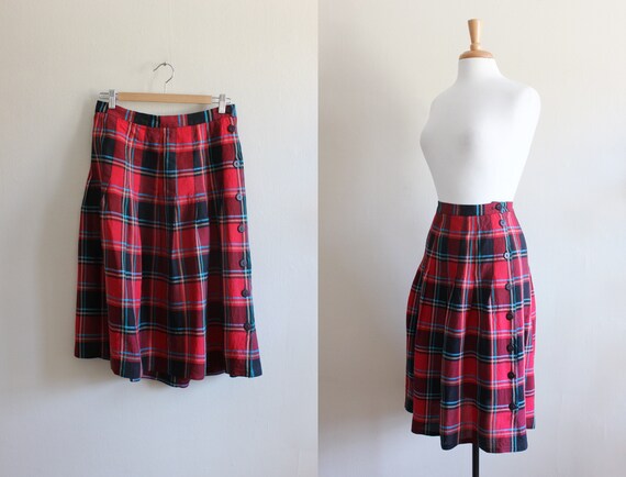 Vintage 1980s Red Plaid Linen Pleated Midi Skirt