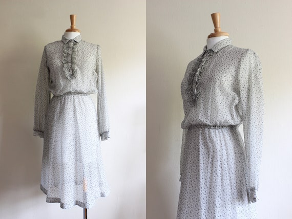 Vintage 1970s Sheer Gray Floral Print Midi Dress - image 1