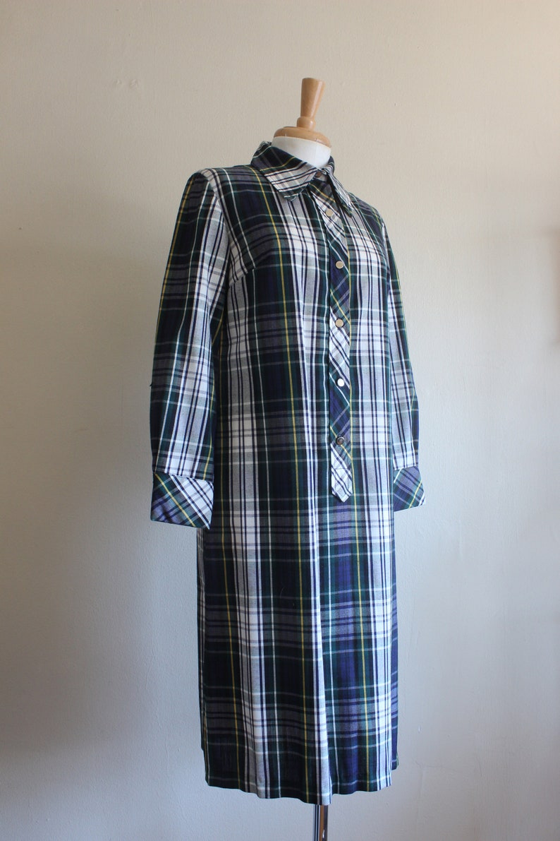 Vintage 1960s Navy, Green & White Plaid Long Sleeve Shirtdress image 5