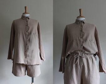 Vintage Sea Breeze Tan Cotton 2-Piece Top and Shorts Set