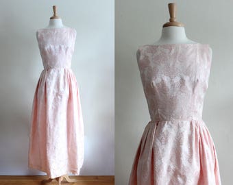 Vintage 1960s Sleeveless Pale Pink Floral Jacquard Evening Gown