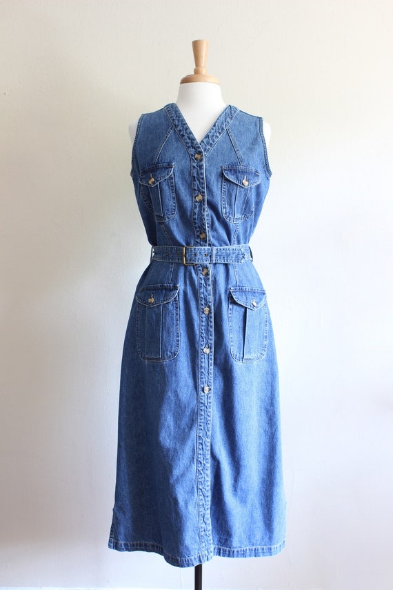 Vintage 1990s Button Front Belted Denim Dress - image 4