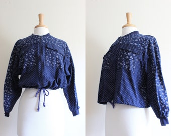 Vintage Navy Blue Floral Cropped Jacket