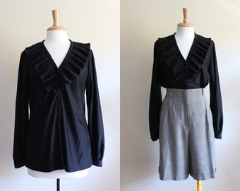 Vintage Black Long Sleeve Micro Pleat Ruffle Collar Blouse