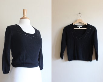 Vintage Beaded Black Cashmere Cropped Sweater