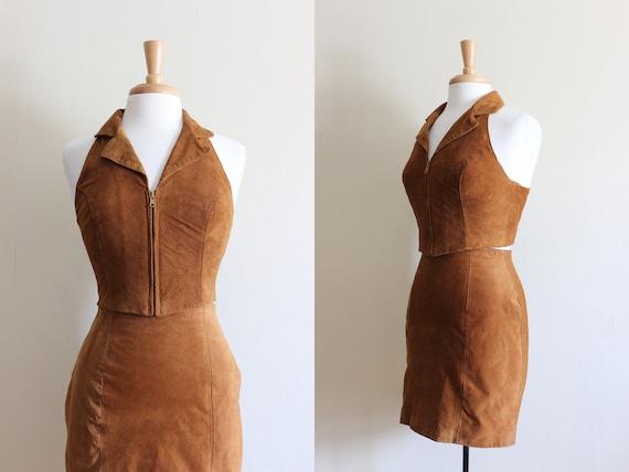 Vintage 1990s Brown Suede Halter Top & Mini Skirt