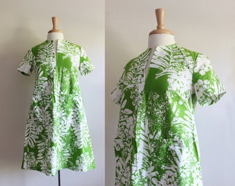 Vintage Lime Green Fern Print A-Line Mod Dress