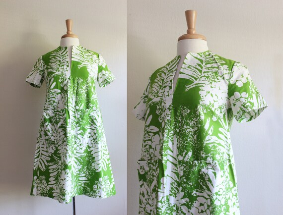 Vintage Lime Green Fern Print A-Line Mod Dress - image 1