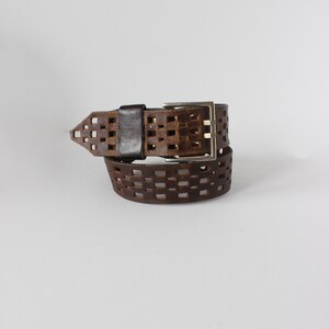 Vintage Checkerboard Cutout Brown Leather Wide Belt image 7