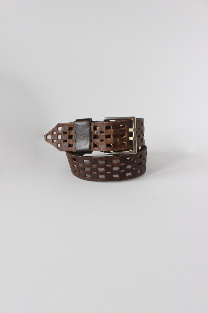 Vintage Checkerboard Cutout Brown Leather Wide Belt image 7