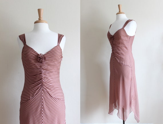 Vintage 1990s Pink & Brown Stripe Silk Chiffon Dre
