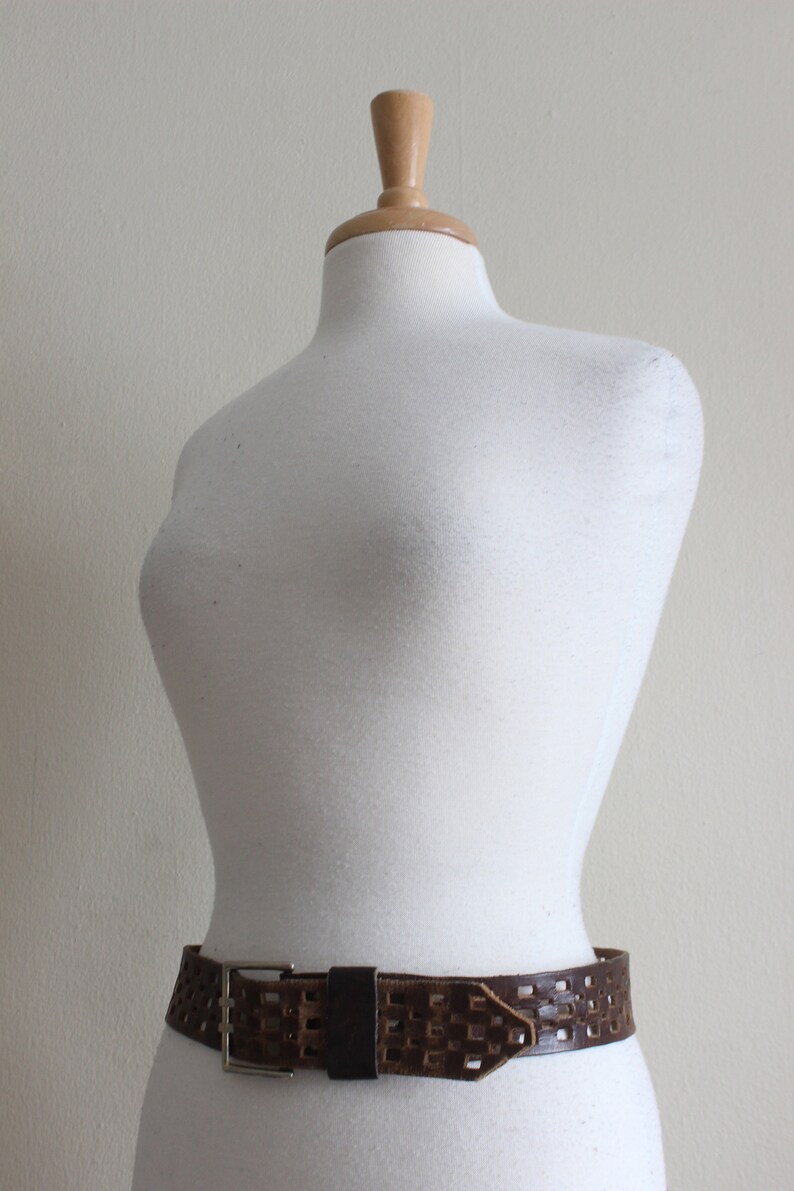 Vintage Checkerboard Cutout Brown Leather Wide Belt image 5