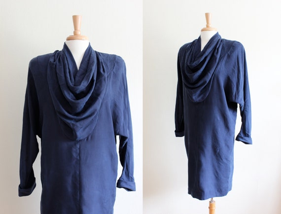 Vintage 1980s Long Sleeve Navy Blue Draped Silk D… - image 1