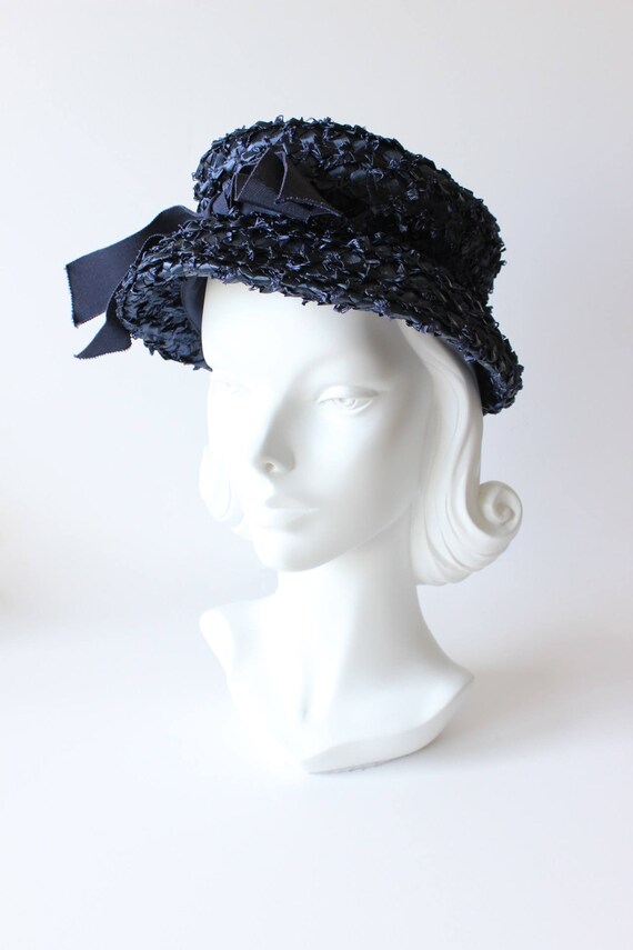 Vintage 1960s Navy Blue Woven Cello Straw Hat - image 2