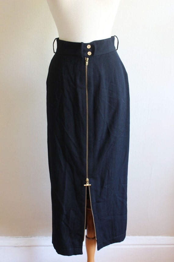 Vintage Black Wool Zipper Front Midi Skirt - image 2