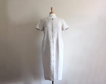 Vintage Short Sleeve Beige 100% Linen Button Front Midi Dress