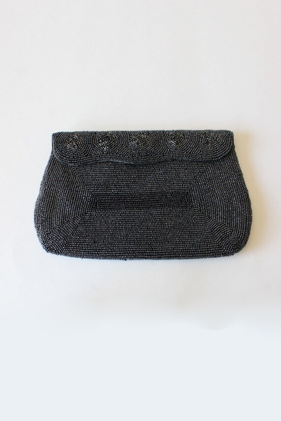 1950s Evening Bag / Vintage Black Beaded Clutch