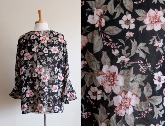 Vintage 1970s Sheer Pink & Black Floral Top - image 5