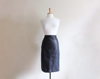 Vintage Black Leather High Waist Pencil Skirt