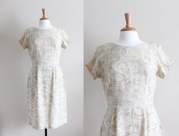 Vintage 1960s Ivory & Metallic Swirl Cocktail Dres