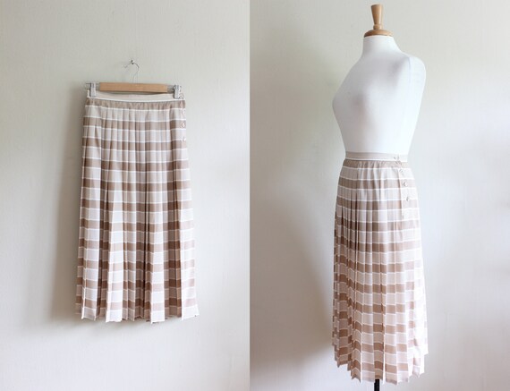 Vintage Jaeger Beige & White Stripe Pleated Midi … - image 1