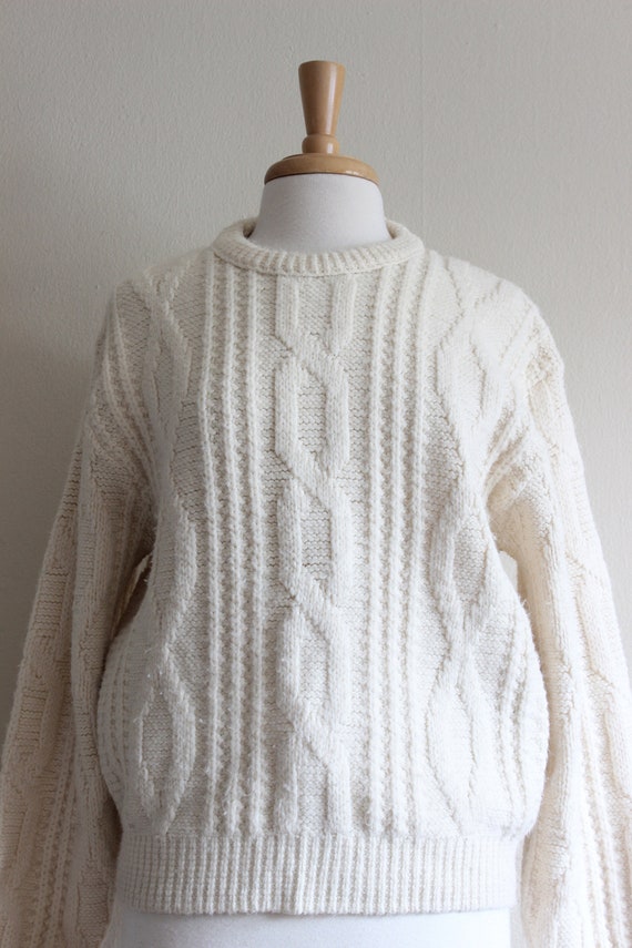 Vintage 1960s Off White Cable Knit Slouchy Pullov… - image 4