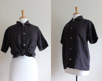 Vintage Short Sleeve Black Linen Button Down Top