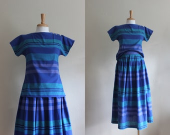Vintage Blue Stripe Top and Midi Skirt 2-Piece Coordinating Set
