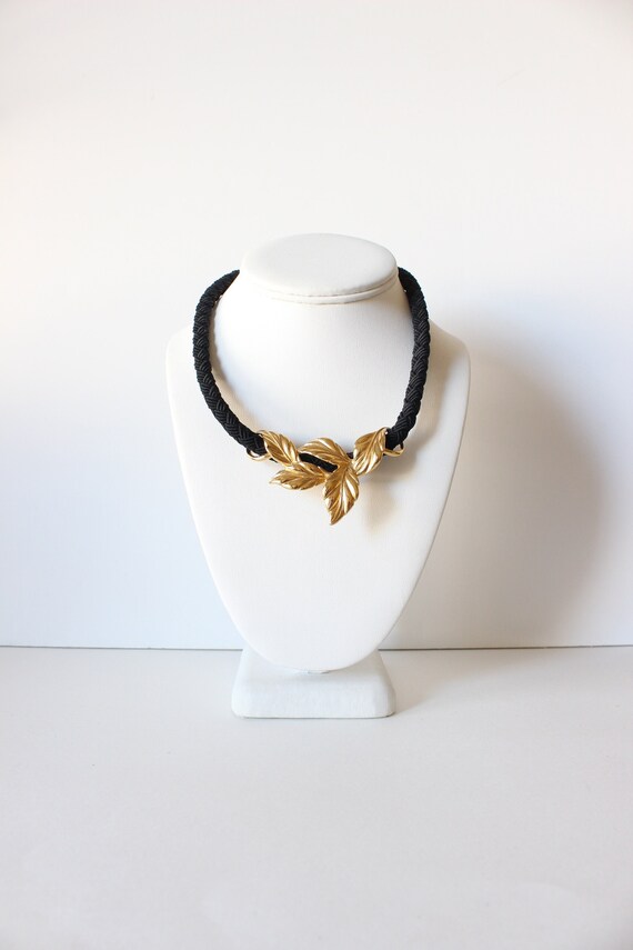 Vintage Black Braided Cord & Gold Leaves Necklace