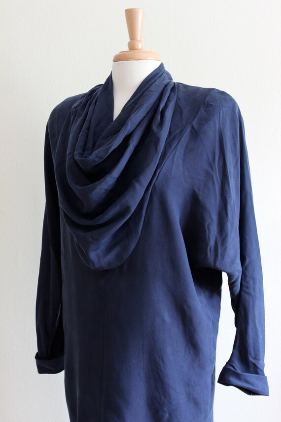 Vintage 1980s Long Sleeve Navy Blue Draped Silk D… - image 2