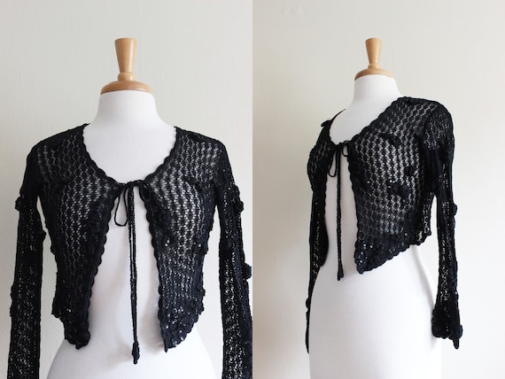Vintage 1990s Sue Wong Black Crochet Cropped Cardi