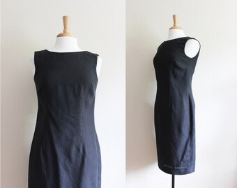 Vintage 1990s Minimalist Button Back Black Linen Dress