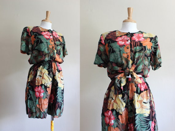 Vintage Black Multicolor Floral 2-Piece Top and S… - image 1