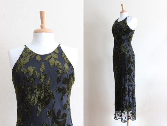Vintage 1990s Green Velvet Burnout Bias Cut Midi D