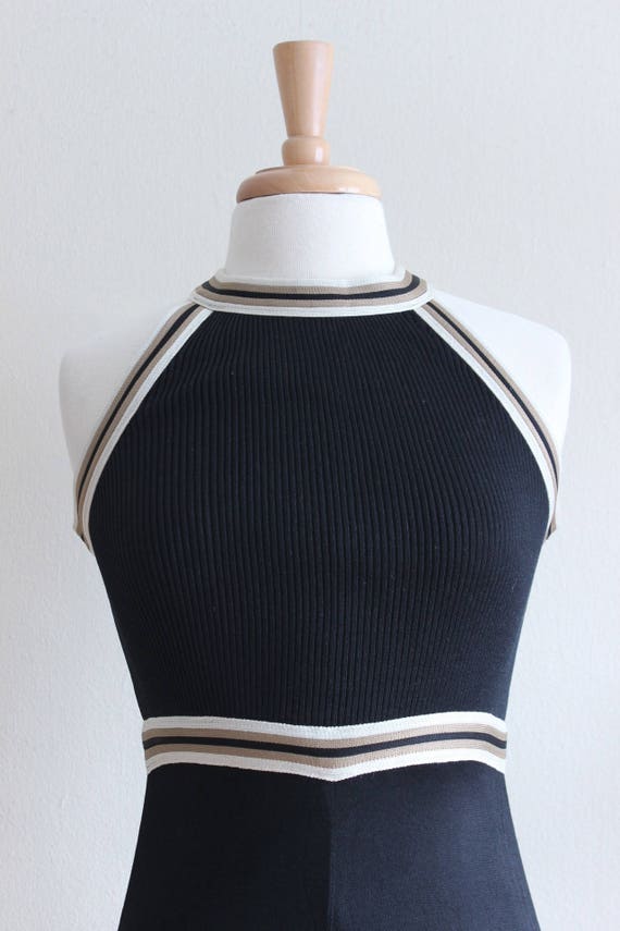 Vintage 1970s Cream Stripe Trim Black Knit Maxi D… - image 5