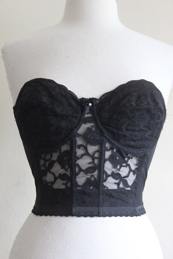 Vintage Black Lace Low Back Longline Strapless Bustier Bra Size 34D Etsy UK
