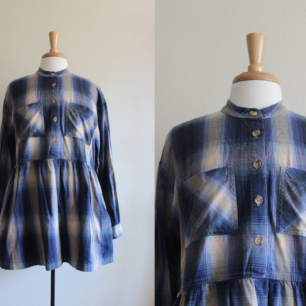 Vintage Blue Plaid Cotton Long Sleeve Babydoll Top