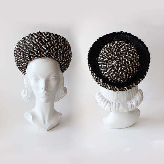 1950s Hat / Vintage Black, White & Tan Woven Raffi