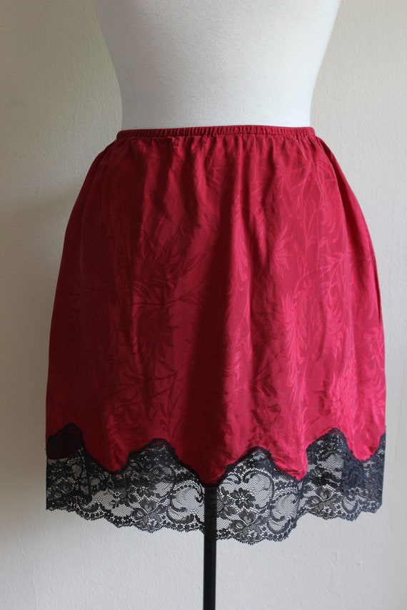 Vintage Black Lace Trim Red Silk Slip Skirt - image 4