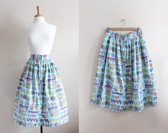 Vintage 1980s Turquoise & Multicolor Quirky Cat Print Midi Skirt