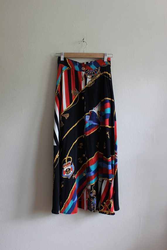 Vintage Black Multicolor Nautical Theme Midi Skirt - image 2
