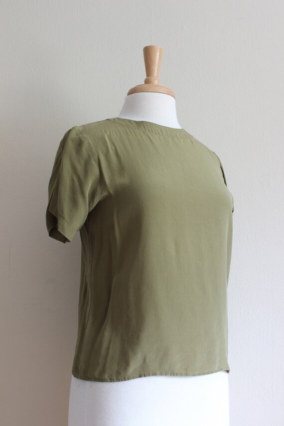 Vintage Olive Green Silk T-Shirt Top - image 5